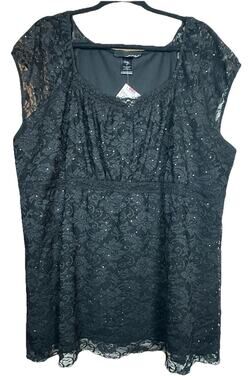 JNJ Women’s Black Lace Sequined Lined Top Short Sleeve Empire Waist Shiny 2X NEW